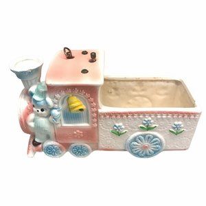 Vintage Music Box Train Baby Planter Bear Conductor Japan Ceramic